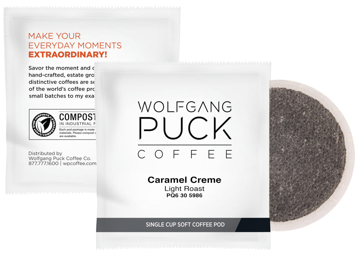 A cup of Wolfgang Puck Caramel Cream coffee shows creamy notes
