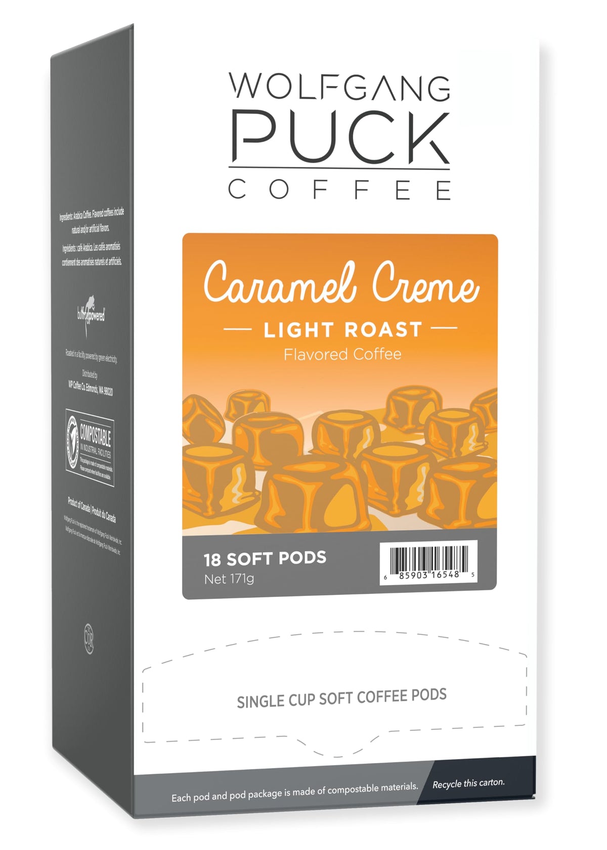 Wolfgang Puck Caramel Cream soft pods in box for compatible soft brewers