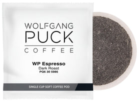 Wolfgang Puck espresso soft pods closeup reveals glossy pods and rich aroma