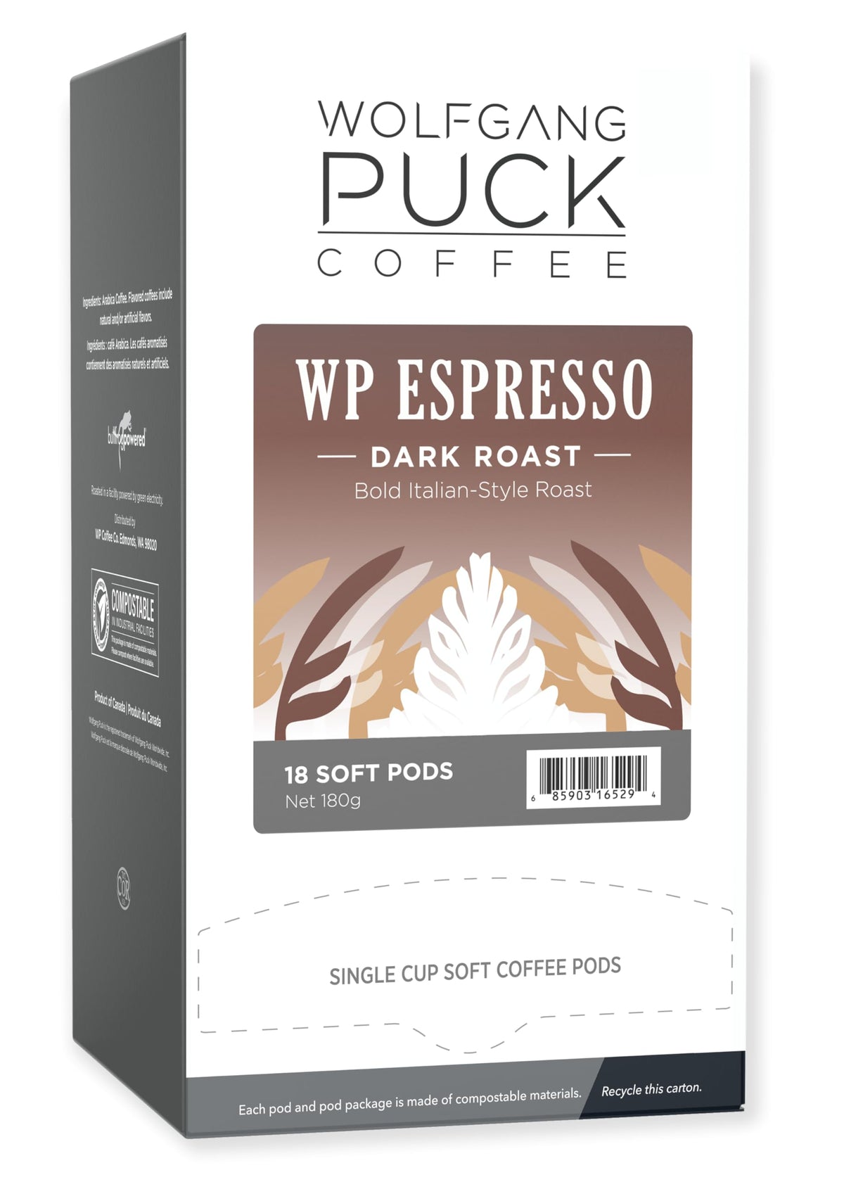Wolfgang Puck espresso soft pods packaging highlights eco-friendly design