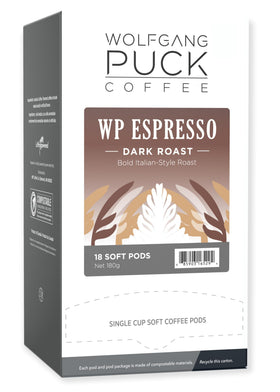 Wolfgang Puck espresso soft pods packaging highlights eco-friendly design