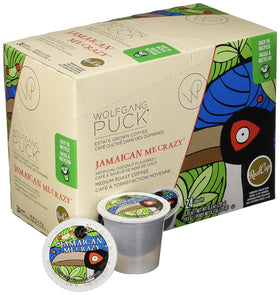 Wolfgang Puck Jamaica Me Crazy k-cups on desk for quick tropical pick-me-up