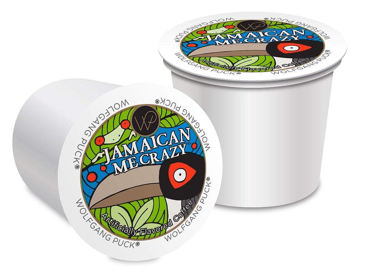 Wolfgang Puck Jamaican Me Crazy brewed cup with creamy coconut notes for a tropical morning ritual.