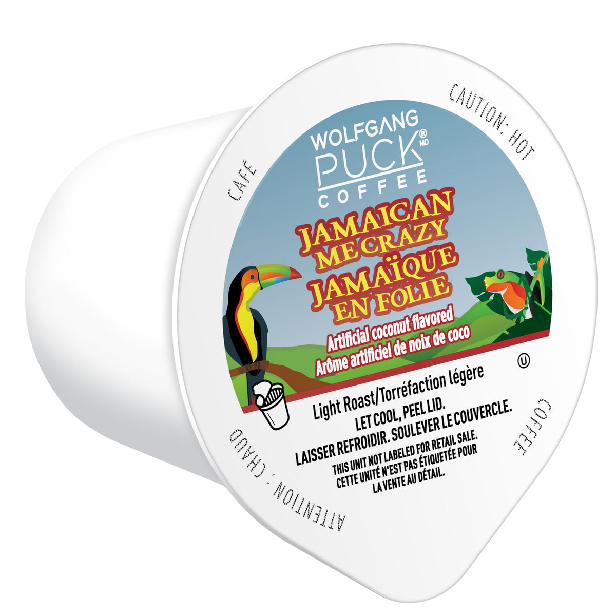Steaming cup highlights coconut notes and tropical aroma of Jamaican Me Crazy.
