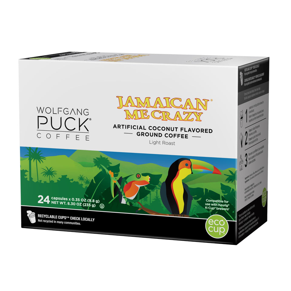 Wolfgang Puck Jamaican Me Crazy K-Cup capsule ready for Keurig brewing.