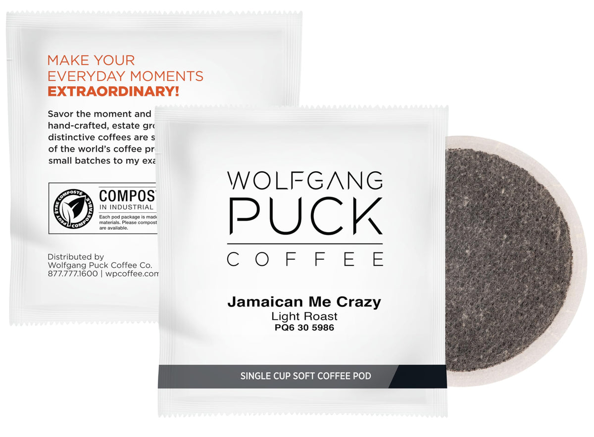 Wolfgang Puck Jamaican Me Crazy pod brew in machine, coconut flavor ready.