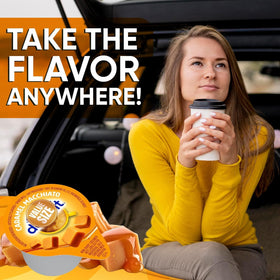 Wolgo Caramal Macchiato creamer in a glass mug for premium flavor