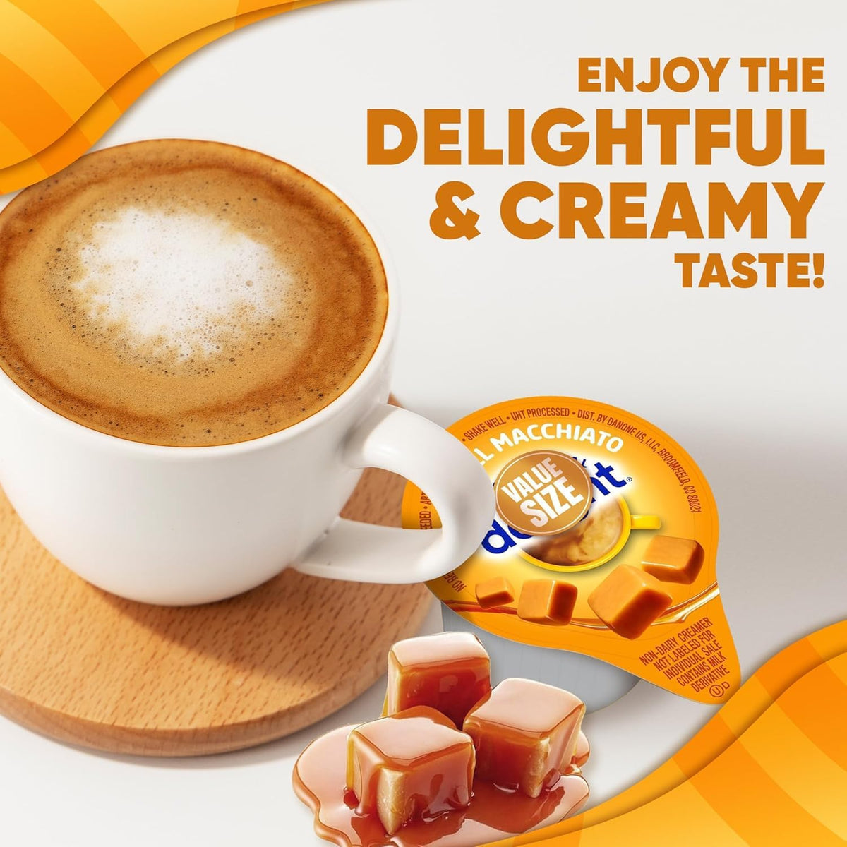 Wolgo Caramal Macchiato creamer singles at an office coffee station