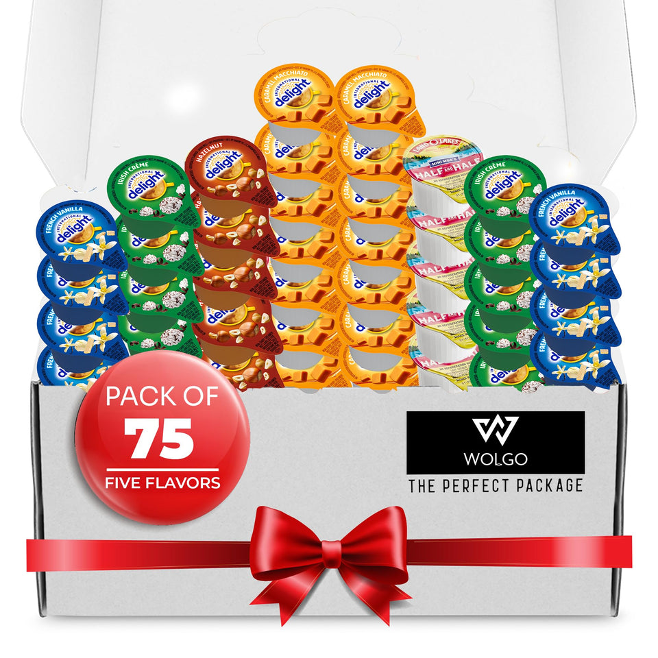 Wolgo Coffee Creamer Singles Variety Pack – 75-pack for convenient home or office coffee