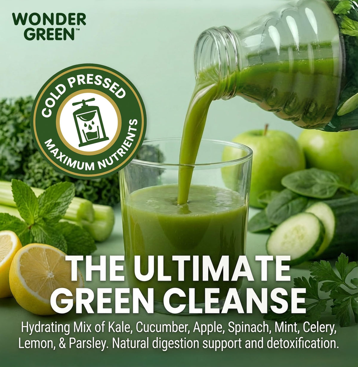 Wonder Green bottle label closeup highlights organic, additive-free quality.