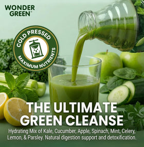 Wonder Green bottle label closeup highlights organic, additive-free quality.