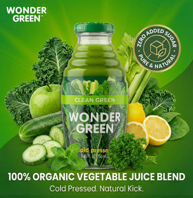 Wonder Green juice pour features kale and cucumber notes for a quick refresh.