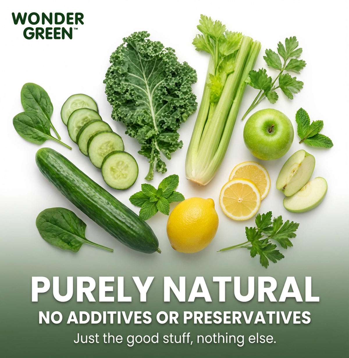 Wonder Green ingredients image displays kale, spinach, and celery in a wholesome blend.