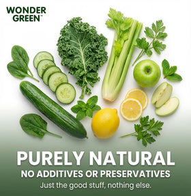 Wonder Green ingredients image displays kale, spinach, and celery in a wholesome blend.