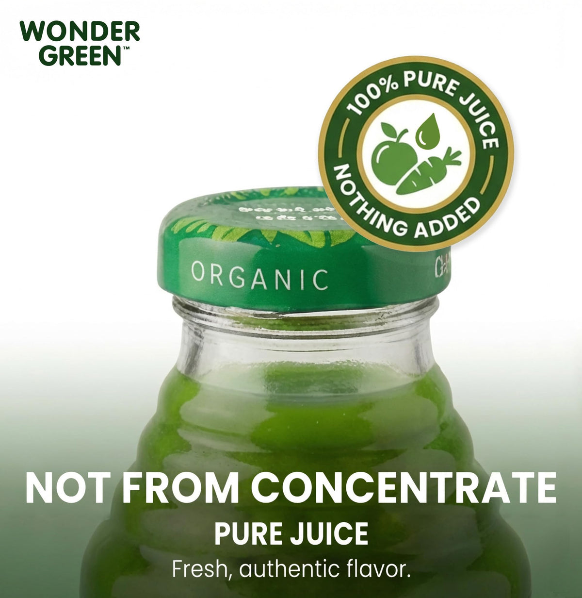 Wonder Green six-pack packaging illustrates convenient on-the-go greens for busy days.