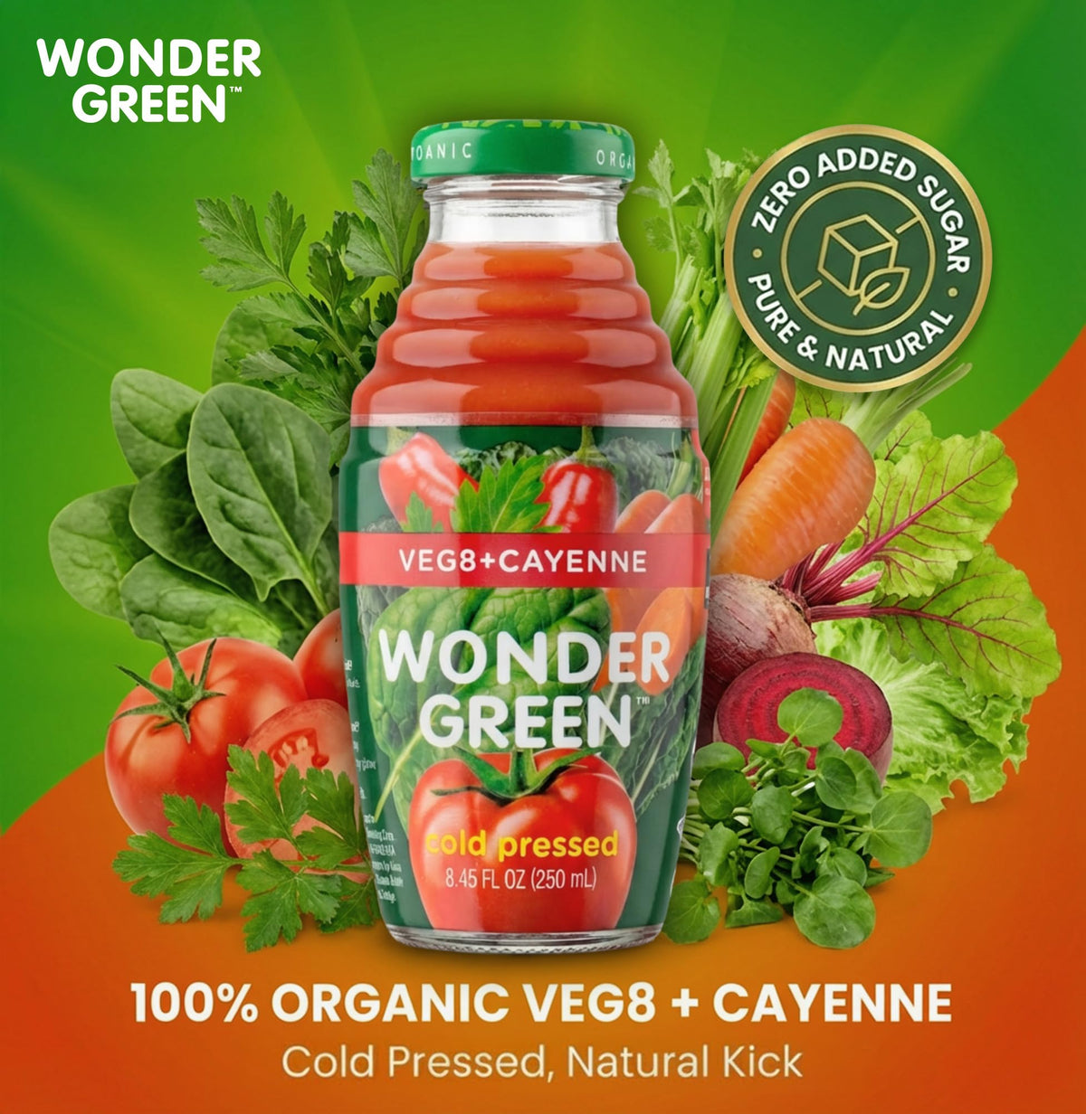 Wonder Green Veg8 Cayenne bottle close-up showing vibrant juice