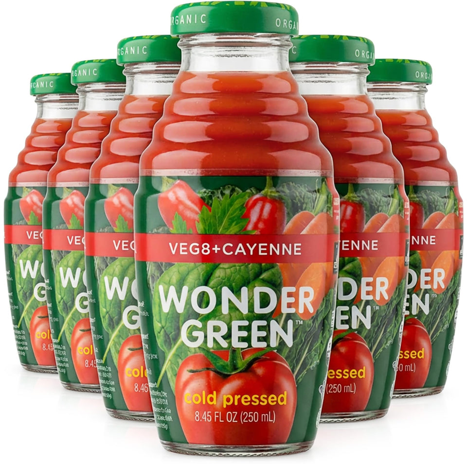 Wonder Green Veg8 + Cayenne bottle front for on-the-go greens