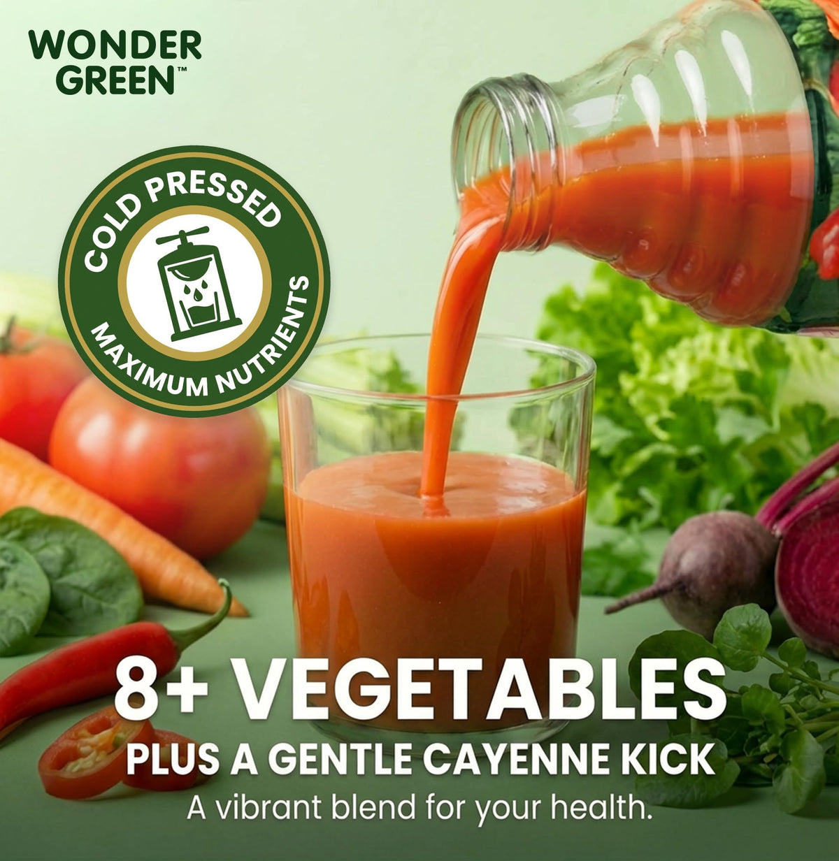 Wonder Green Veg8 + Cayenne bottle pour showing spicy wellness note
