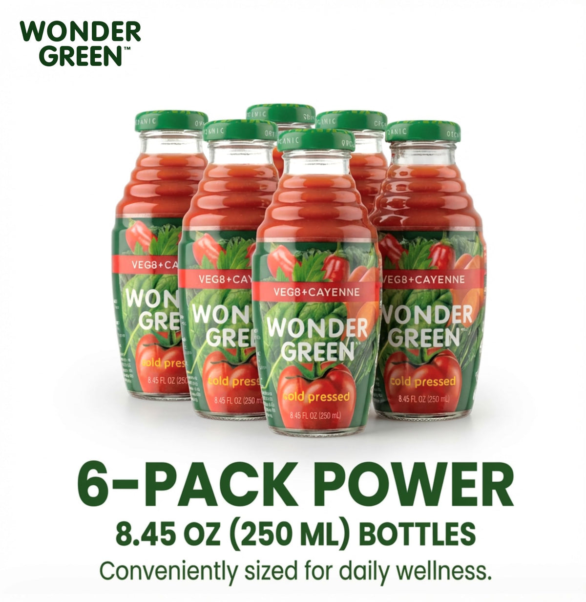 Wonder Green Veg8 + Cayenne bottle splash evokes market-fresh energy