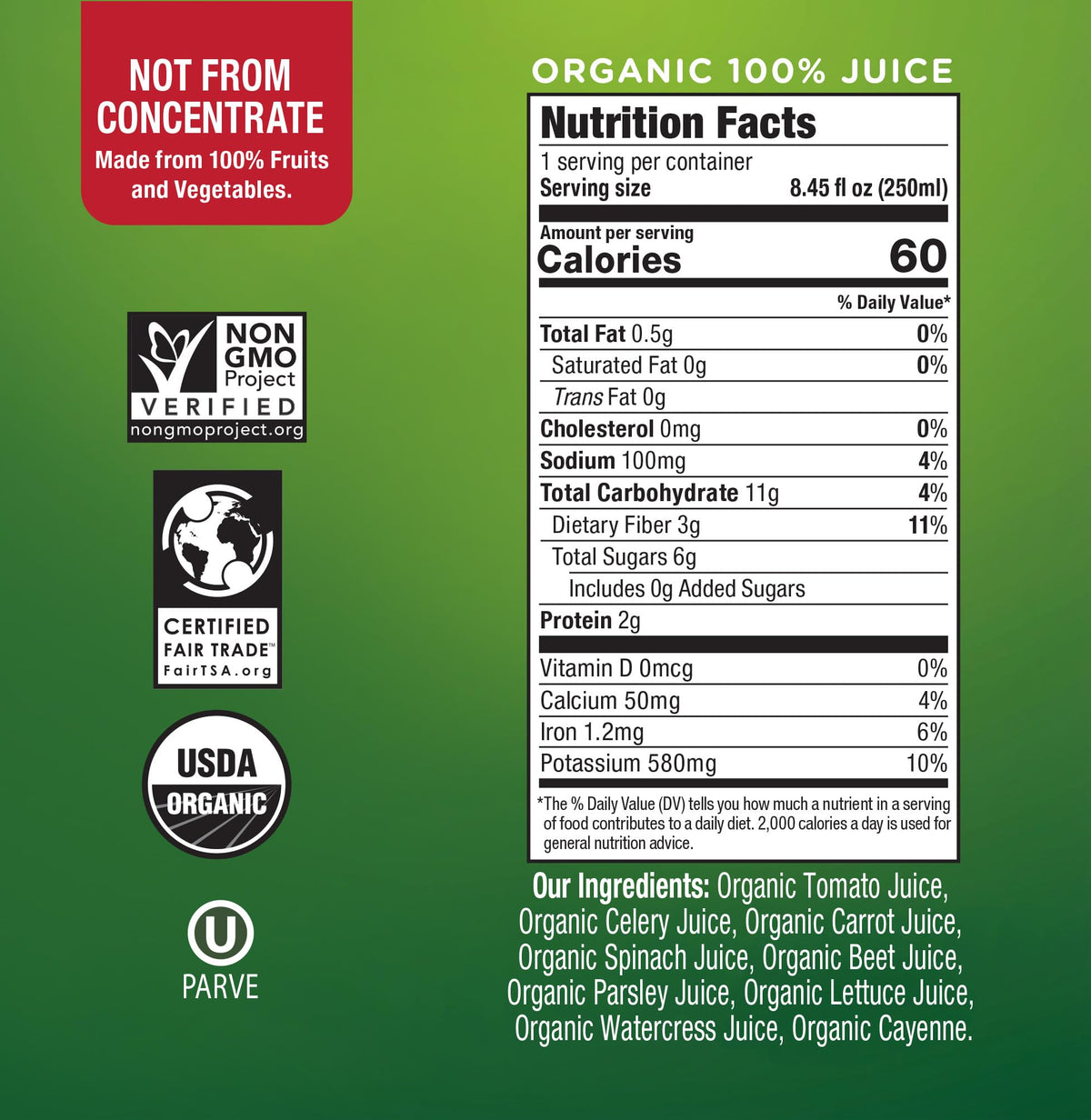 Wonder Green Veg8 + Cayenne calories label notes 60 calories per bottle
