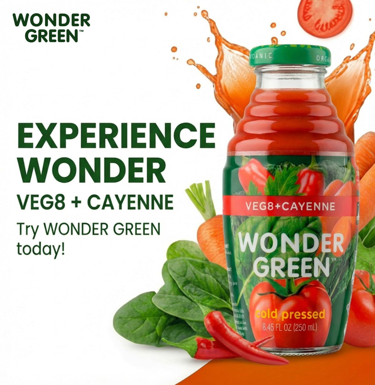 Wonder Green Veg8 + Cayenne ingredients panel highlights eight-vegetable blend