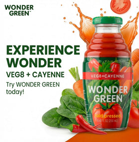 Wonder Green Veg8 + Cayenne ingredients panel highlights eight-vegetable blend