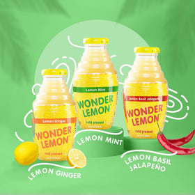 Wonder Lemon Lemon Ginger bottle front, invigorating citrus-ginger blend.