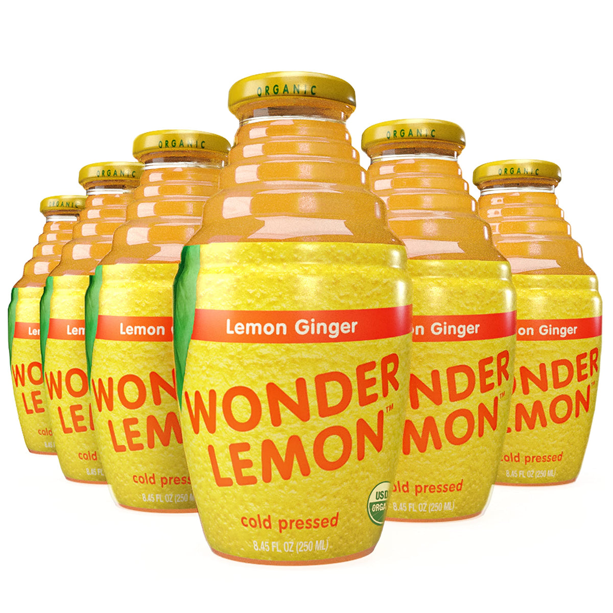 Wonder Lemon bottle close-up with organic ingredients and refreshing lemon-ginger flavor.