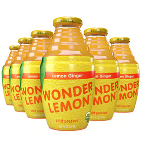 Wonder Lemon bottle close-up with organic ingredients and refreshing lemon-ginger flavor.