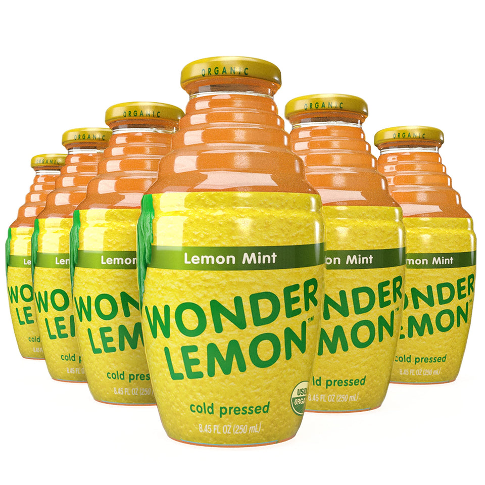 Wonder Lemon Organic Lemon Mint Juice 6-pack front bottle showcases vibrant lemon and mint for a crisp sip.