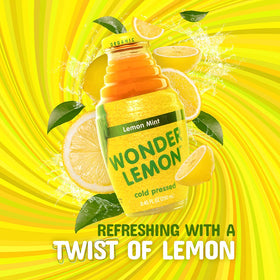 Wonder Lemon Organic Lemon Mint Juice 6-pack side view highlights pure ingredients and non-concentrate formulation.