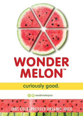 Organic label and fair trade seal on Wonder Melon juice.