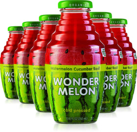 Wonder Melon organic juice bottle with cucumber and basil, refreshing combo.