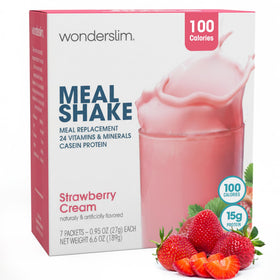 WonderSlim Meal Replacement Shake Strawberry Cream bottle for gluten-free, on-the-go nutrition.