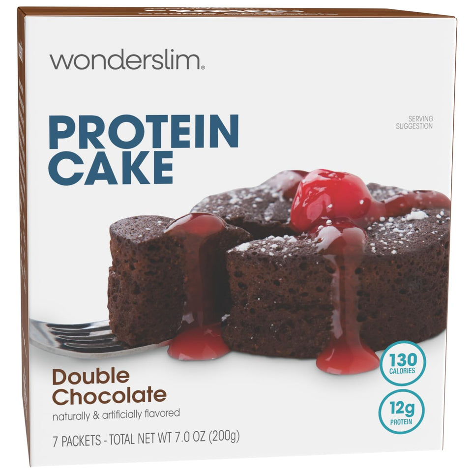 WonderSlim protein cake mix packaging showing a premium, chocolatey treat option