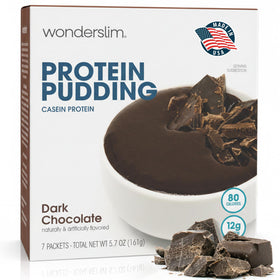 WonderSlim Protein Pudding Dark Chocolate packaging highlights gluten-free, low-carb formula.