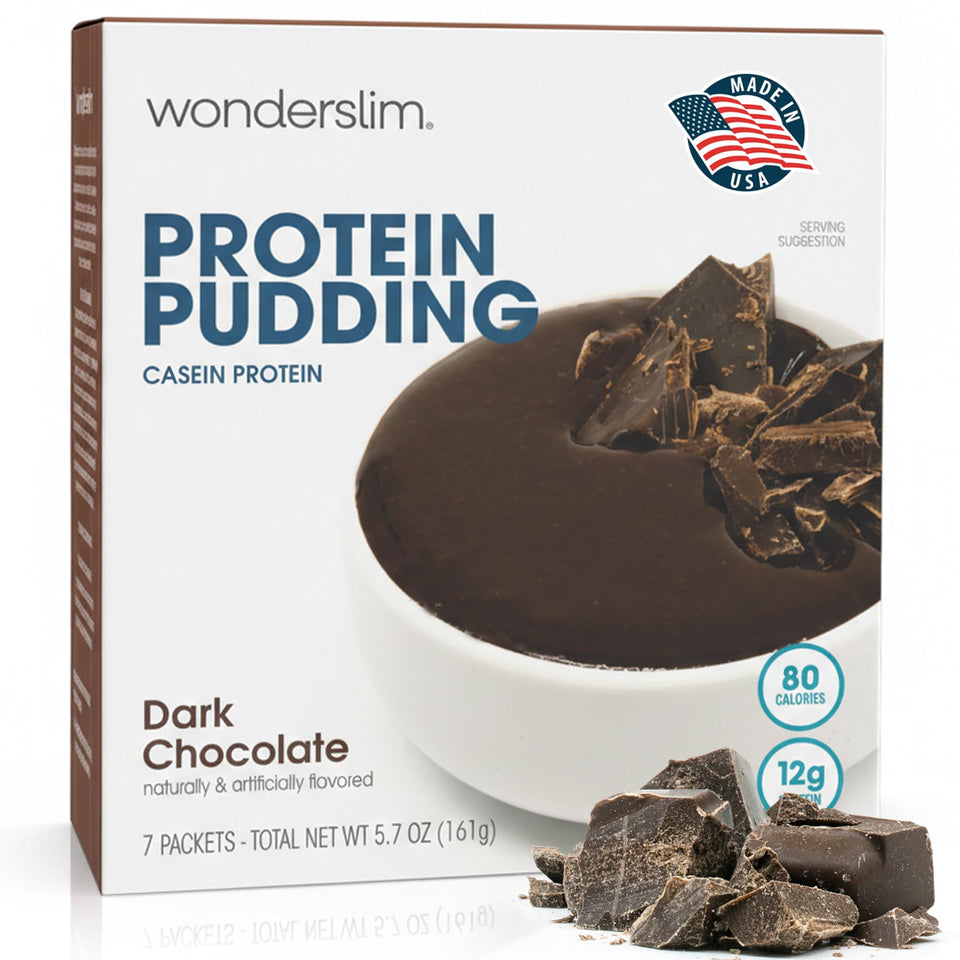 WonderSlim Protein Pudding Dark Chocolate packaging highlights gluten-free, low-carb formula.