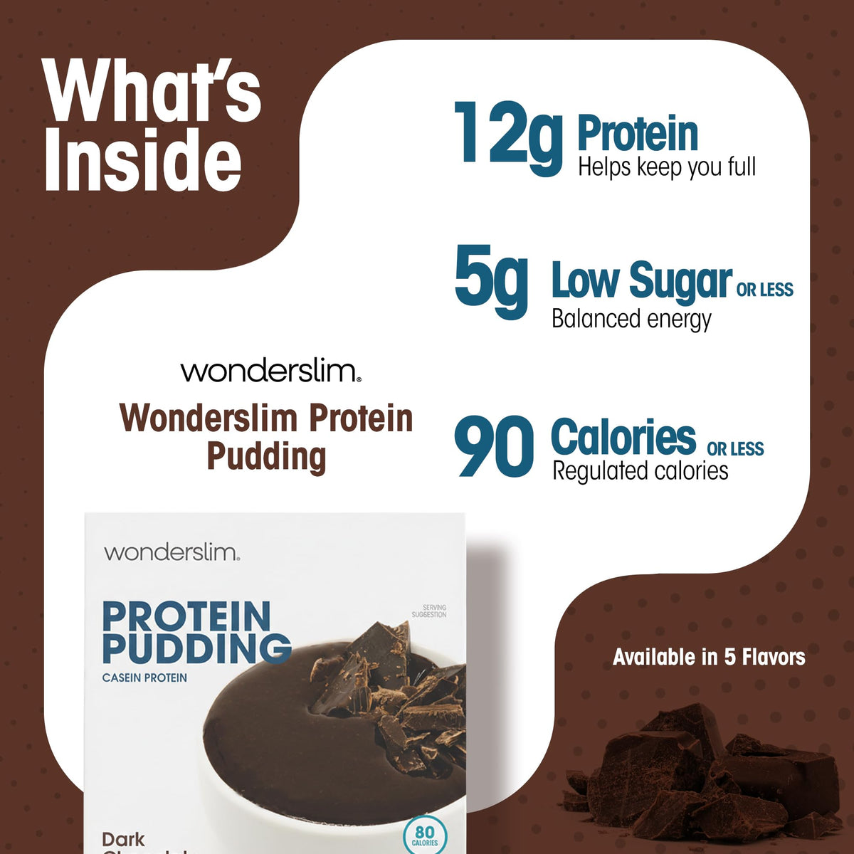 WonderSlim Protein Pudding scoop shows 12g protein per serving for fullness.