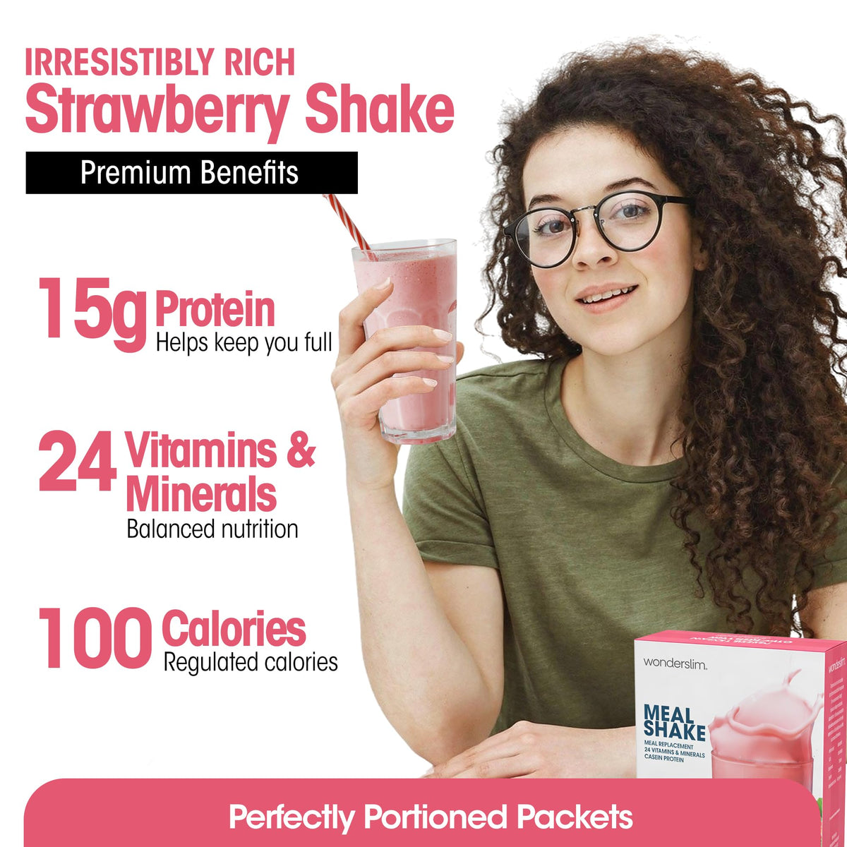 WonderSlim Strawberry Cream shake scoop shows 15g protein for satiety.