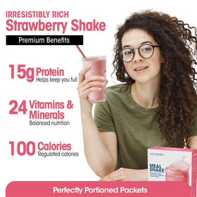 WonderSlim Strawberry Cream shake scoop shows 15g protein for satiety.