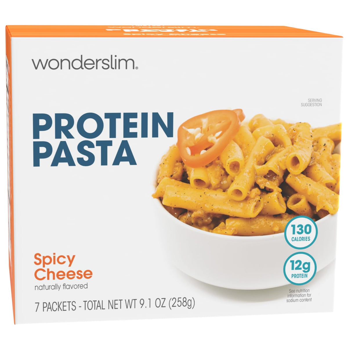 WonderSlim Protein Pasta Spicy Cheese packaging showing convenient single-serve format