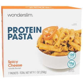 WonderSlim Protein Pasta Spicy Cheese packaging showing convenient single-serve format