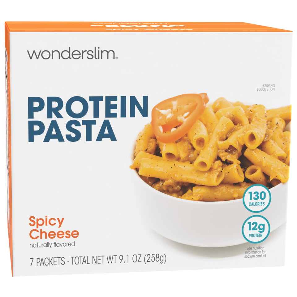 WonderSlim Protein Pasta Spicy Cheese packaging showing convenient single-serve format