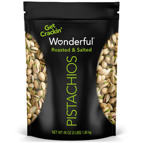 Wonderful Pistachios in-shell, roasted and salted in a 48-ounce bag for easy snacking.
