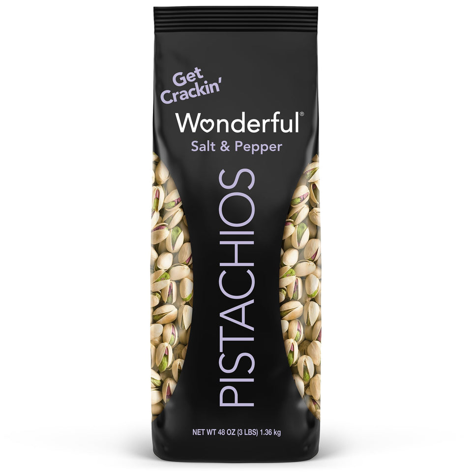Wonderful Pistachios in-shell Salt & Pepper bag, a protein-rich snack for home and on the go.
