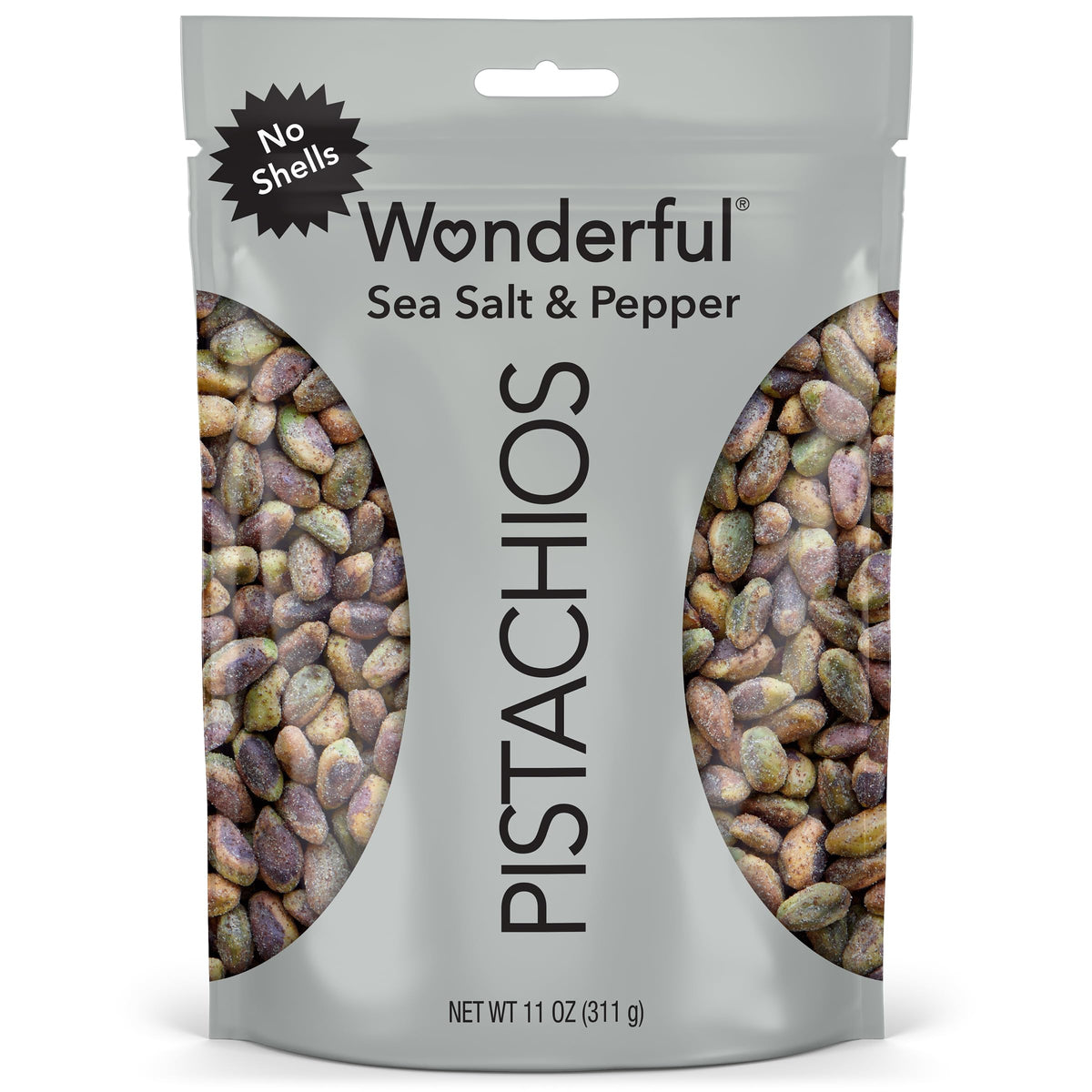 Wonderful Pistachios No Shells Sea Salt & Pepper bag front for quick snacking