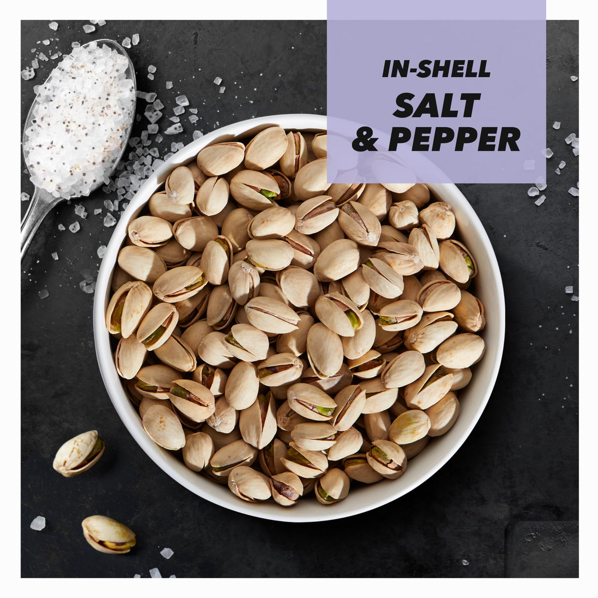 Wonderful Pistachios Salt & Pepper close-up highlights seasoned flavor and crunchy texture.