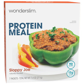 WonderSlim Sloppy Joe mix packaging displays gluten-free vegetarian meal ready in minutes.