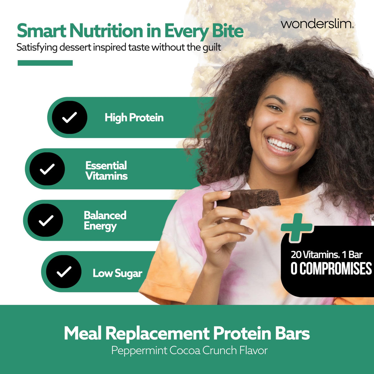WonderSlim Peppermint Cocoa Crunch cross-section reveals chewy interior and fiber mix