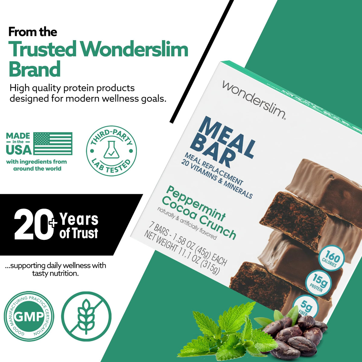 WonderSlim Peppermint Cocoa Crunch foil packaging ready for travel